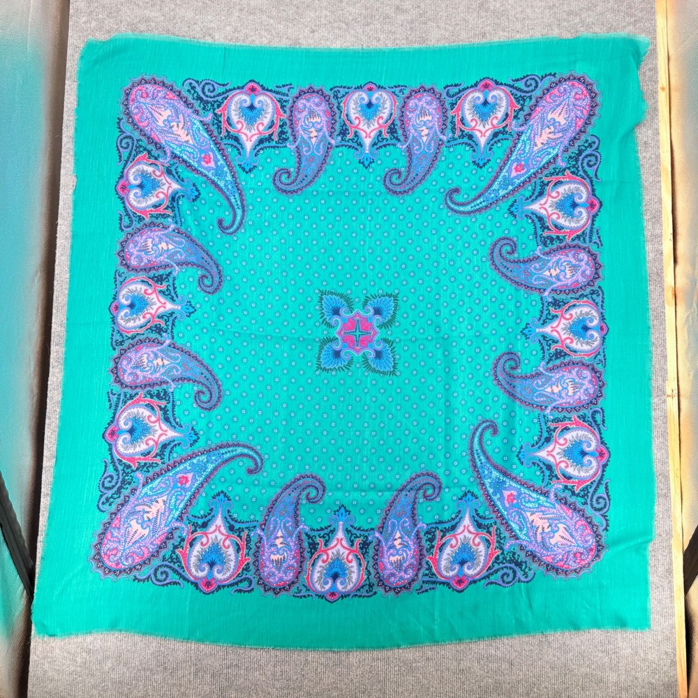 Challis by Berkshire Teal Paisley Scarf Made in Italy Fringe 48x48 Vintage